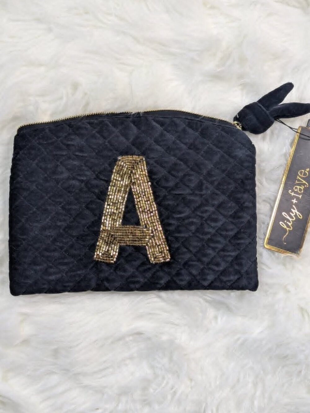 Lily + Faye Black Velvet Quilted Cosmetic Bag Makeup Pouch NWT